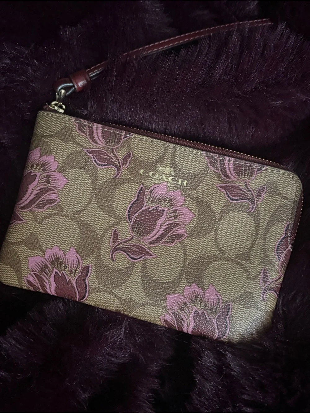 Coach Brown Signature Wristlet with Pink Floral Print